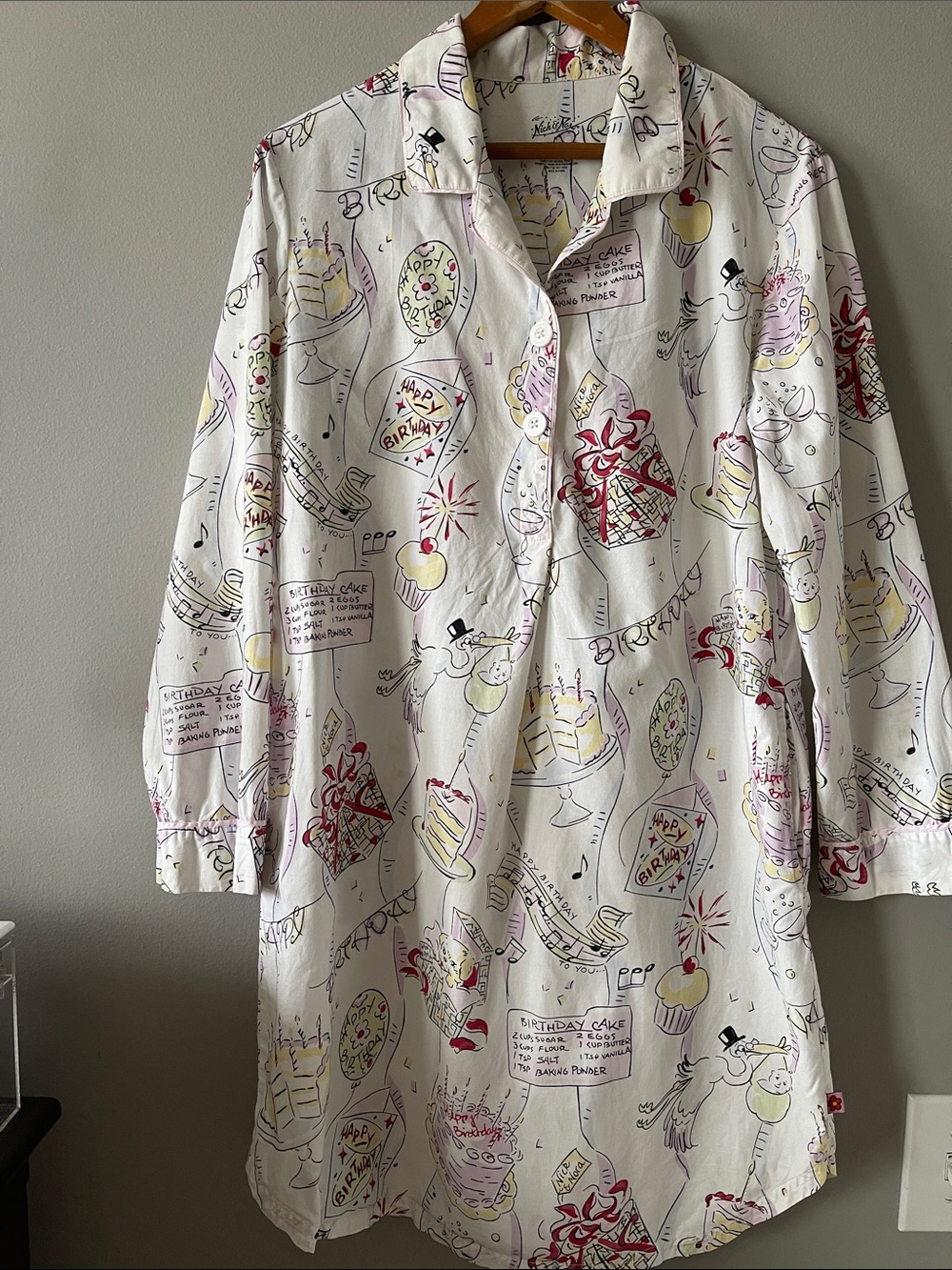 Nick & Nora Happy Birthday Print Cotton Nightgown Vintage